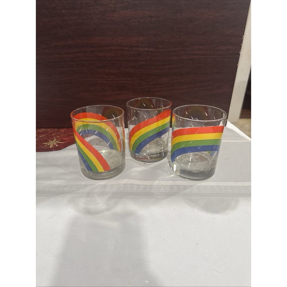 Rare Three (3) RAINBOW Arch RAIN Shower DROPS 14oz GLASS Tumblers 4 1/8" T